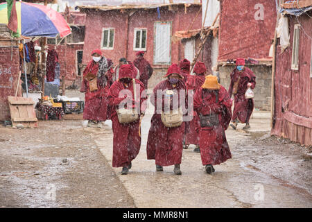 Les nonnes tibétaines marche dans la neige, Yarchen Gar, Sichuan, Chine Banque D'Images