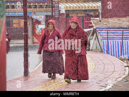 Les nonnes tibétaines marche dans la neige, Yarchen Gar, Sichuan, Chine Banque D'Images