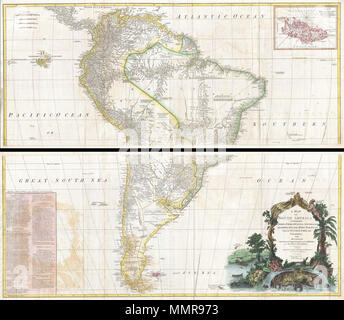 . Anglais : une carte de l'Amérique du Sud - contenant des Tierra-Firma, Guayana, la Nouvelle Grenade, Amazonie, Brésil, Pérou, Paraguay, Chaco, Tucuman, Chili et Patagonie de M. d'Anville, avec plusieurs améliorations et ajouts, et le tout dernier découvertes. C'est probablement le plus important groupe de deux carte murale de l'Amérique du Sud produit dans le 18e siècle. Base en grande partie sur la carte d'Anville, cette carte a été agrandi et élargi par la maison d'édition anglaise de Laurie et Whittle. Décrit le continent en pleine avec un carton intérieur des îles Falkland. Cette carte est unique en ce qu'elle est un grave atte Banque D'Images