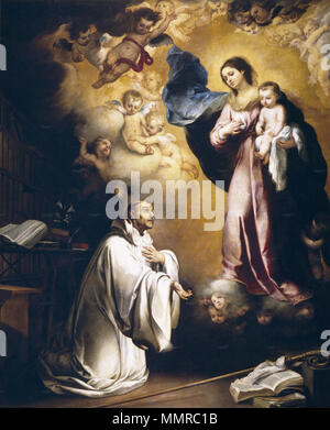 . Español : La obra représenta un la Virgen María, qué lleva en sus brazos al Niño Jesús, un apareciéndose San Bernardo de Claraval. Parution de la Virgen a San Bernardo. circa 1655. Bartolomé murillo-san Bernardo Banque D'Images