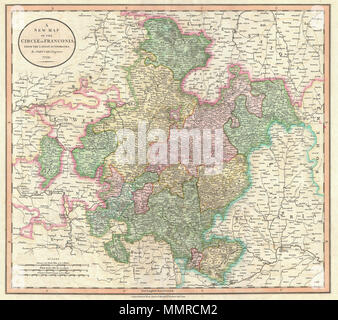 . Anglais : Un très joli exemple de John Cary's 1799 Plan de la Franconie, Allemagne. Couvre de la Saxe au sud de Souabe, à l'ouest de la région du Rhin inférieur et à l'ouest de la Bavière. Comprend l'importante cité médiévale et renaissance centre de Nuremberg. La Franconie est aujourd'hui un quartier historique et s'est consolidée avec la Bavière. Très détaillé avec codage par couleur selon la région. Montre les forêts, villes, palais, forts, routes et rivières. Dans l'ensemble, l'un des plus intéressants et attrayants les cartes de l'atlas en Franconie pour apparaître dans les premières années du 19e siècle. Préparé en 1799 par John Cary pour i Banque D'Images