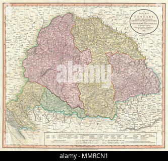 . Anglais : Un très joli exemple de John Cary est important 1799 Carte de la Hongrie. Couvre de la mer Adriatique vers l'Est jusqu'à la Transylvanie et vers le nord jusqu'à la Pologne. Comprend les parties de l'ONU jour moderne de la Croatie, la Hongrie et la Roumanie. Détail prodigieux propose et codage par couleur selon la région. Dans l'ensemble, l'un des plus intéressants et attrayants les cartes de l'atlas la Hongrie, Croatie, Roumanie et d'apparaître dans les premières années du 19e siècle. Préparé en 1799 par John Cary pour émettre dans son magnifique 1808 Nouveau Atlas universel . Une nouvelle carte de la Hongrie, avec ses divisions en G Banque D'Images