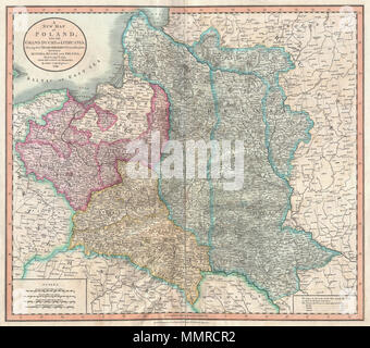 . Anglais : un bel exemple de John Cary est rare 1799 Carte de la Pologne. Couvre l'ensemble de bloc de territoire réclamé par la République des Deux Nations (Rzeczpospolita) de la mer Baltique au sud jusqu'à la Hongrie et à l'Est, en ce qui concerne la Russie. Cette carte est conçue pour illustrer la partition de la Pologne entre l'Autriche, la Russie et la Prusse à la fin du 18ème siècle - a quelques années avant que cette carte a été publiée. La Russie a soutenu l'essentiel de ce qu'une fois constitué le Grand-duché de Lituanie à partir de la Livonie au sud de Moldavie. La Prusse a réclamé le territoire à l'est de Varsovie et du sud de la Galice. L'Autrichien Banque D'Images