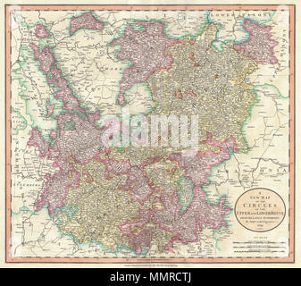 . Anglais : Un très joli exemple de John Cary's 1799 site du Haut et du Bas Rhin, l'Allemagne. Du sud de la Westphalie couvre la France et Souabe. Bordé à l'ouest par les Pays-Bas et à l'est par la Franconie. Comprend les importantes villes de Cologne (Koln) et Francfort. Très détaillé avec codage par couleur selon la région. Montre les forêts, villes, palais, forts, routes et rivières. Dans l'ensemble, l'un des plus intéressants et attrayants les cartes de l'atlas de la Rhinelands pour apparaître dans les premières années du 19e siècle. Préparé en 1799 par John Cary pour émettre dans son magnifique 1808 Nouveau Univ Banque D'Images