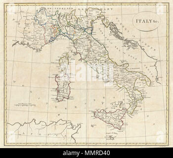 . Anglais : une amende 1799 Carte de l'Italie par l'éditeur du site anglais Clement Cruttwell. Montre l'ensemble du pays y compris les îles de la Sicile, la Sardaigne, et la Corse, et Malte. Comprend les régions du Piémont, de la Savoie, Allesandrine, Parme, Gênes, Venise, Modène, la Toscane, les États de l'Église, et Naples. À ce stade dans le temps l'Italie était en train de devenir une partie importante de la "Grand Tour" d'une période dans laquelle, pour la plupart étrangers, des aristocrates britanniques ont visité la France, l'Italie et la Grèce pour apprécier leurs arts, cultures, et monuments historiques. Les villes de Venise et de Rome ont été les principales attractions de thes Banque D'Images