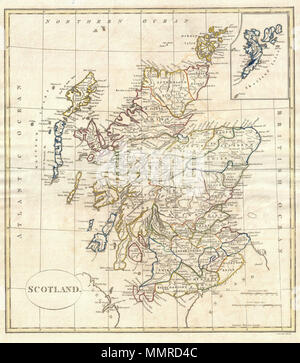 . Anglais : une amende 1799 Carte de l'Écosse par l'éditeur du site anglais Clement Cruttwell. Couvre toute la région de façon très détaillée, y compris une analyse détaillée de l'EISN Îles Shetland. Ici tous les comtés sont appelée Shires, comme le mot county n'est pas devenu l'usage courant en Ecosse jusqu'au xixe siècle. Dans le nord sont Caithness, Sutherland, Ross, Murray, Aberdeen, et Bamff Shires. À l'exception de la fusion de Ross Shire Shire et Cromarty, ces comtés sont toujours en existence aujourd'hui. Dans l'Ecosse centrale sont l'Inverness Shire, Kincardine, Shire Shire Angus, Argyle Shire, Fi Banque D'Images