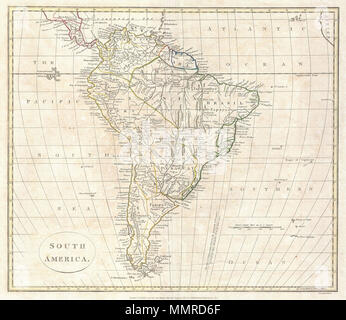 . Anglais : une amende 1799 Carte de l'Amérique du Sud par le cartographe anglais Clement Cruttwell. Couvre l'ensemble de l'Amérique du Sud ainsi que dans certaines régions d'Amérique centrale au nord jusqu'au Honduras. Crutwell identifie un certain nombre de peuples autochtones ainsi que des missions d'affectation et de fortifications. La ligne de démarcation, une frontière établie par la signature du traité de Tordesillas le 7 juin 1494, passe à travers le Brésil. Cette traiter divisé les terres nouvellement découvertes à l'extérieur de l'Europe entre l'Espagne et le Portugal, le long d'un méridien 370 lieues à l'ouest des îles du Cap Vert. Les terres à l'Est font partie t Banque D'Images