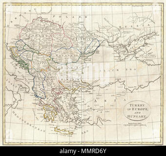 . Anglais : une amende 1799 Plan de la Grèce, les Balkans et la Turquie en Europe par les Anglais site publisher Clement Cruttwell. À partir de la Hongrie et la Moldavie couvre dans le nord, jusqu'à la crète (Candia) dans le sud ; et à partir de la Croatie dans l'ouest de la Bessarabie à l'Est, y compris la Grèce, Macédoine, Albanie, Roumanie, Bulgarie, Serbie, la Valachie, la Moldavie, la Transylvanie, la Hongrie, la Croatie et la Bosnie. Montre également certaines parties de l'Allemagne voisine, la Pologne, la Russie, la Turquie et l'Italie. Inclut les rivières, les frontières politiques, les villes importantes, les ports et les golfes. Montagnes et d'autres caractéristiques topographiques illustré par profil. O Banque D'Images