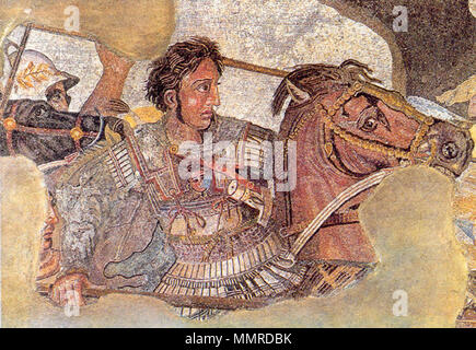 . Anglais : Détail de la mosaïque d'Alexandre, représentant Alexandre le Grand sur son cheval. Il y a une peur homme derrière Alexandre, et la tête de l'homme dans l'armure d'Alexandre est une représentation de méduse. Son cheval s'appelle Bucephalus. Maison du Faune, Pompéi, ch. 100 AD. Português : Detalhe n'osfasd «chamado aico de Alexandre', originalmente na Casa do Fauno em Pompeia (ch. 100 a.C.), Alexandre representando em seu cavalo, Bucéfalo (Museu Nacional Arqueológico de Nápoles). . 11 janvier 2005. Ruthven () BattleofIssus333BC-mosaïque-détail1 Banque D'Images