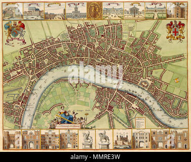 . Anglais : xviie siècle Plan de Londres, à l'origine commencé par W.Hollar, élève de Mattheus Merian graveur allemand. Publié dans les Pays-Bas. Il n'est pas clair où ce plan de la ville de Londres a été publié. À en juger par le double portrait en haut, la carte a été publiée après que le Parlement installé monarques conjoint William III et Marie Stuart en 1689. La carte a été composée par le célèbre designer et graveur Wenceslaus Hollar de Prague (1607-1677). Il a adopté, et excelle dans un style, le mieux adapté à chorography ou de délimitation des villes. Il a reçu des instructions de Mattheus Merian (1593-1650) i Banque D'Images