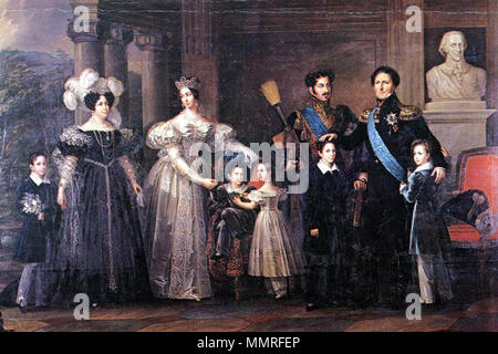 . Anglais : (l-r) : Prince Oscar (II), la Reine Desideria, Princesse Josephine, Prince d'août, la Princesse Eugénie, le Prince Oscar (I), le prince Carl (XV), le Roi Charles XIV Jean, prince Gustav & buste de Carl XIII Bernadottes de Suède. 1837. Bernadottefamilie Banque D'Images