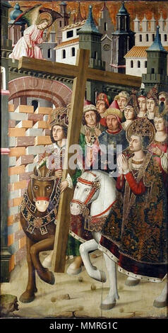 . Español : La obra muestra a Santa Helena de Constantinopla junto al emperador Heraclio y la Vera-Cruz, aunque dicha santa vivió en realidad trescientos años antes que el Emperador. Anglais : Saint Helena & Héraclius en tenant la Sainte Croix de Jérusalem, Musée de Saragosse, óleo sobre tabla (195 x 115 cm.) procedente del retablo de la Santa Cruz de Blesa, Teruel. العربية : أيقونة إسبانية تظهر من القرن الخامس عشر الإمبراطور هرقل الصليب يعيد الحقيقي القدس استعادتها، إلى بعد ترافقه القديسة هيلانة. Santa Helena y el Emperador Heraclio. Entre 1483 et 1487 circa circa. Bernat, Martin Saint Helena &a Banque D'Images