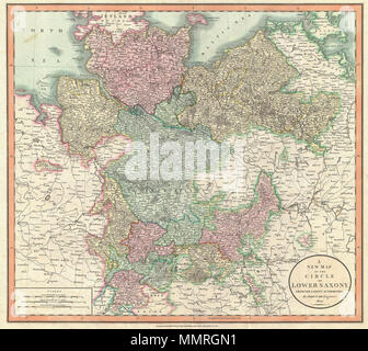 . Anglais : Un très joli exemple de John Cary's 1801 Carte de la région de Basse-Saxe en Allemagne. Se compose des duchés de Brême, Holstein, Mecklenburg et Saxe Lauenbourg, ainsi que les principautés de Leunenburgzell, Calenberg, Wolfenbuttel, Magdebourg, Halberstadt, Grubenhagen et Calenberg, avec l'Évêché de Hildensheim. Très détaillé avec codage par couleur selon la région. Montre les forêts, villes, palais, forts, routes, rivières, et en mer de sable. Dans l'ensemble, l'un des plus intéressants et attrayants les cartes de l'atlas de Basse-Saxe d'apparaître dans les premières années du 19e siècle Banque D'Images