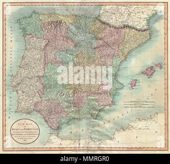 . Anglais : Un très joli exemple de John Cary's 1801 Carte de l'Espagne et le Portugal. Se compose de l'ensemble de la région de Iberia y compris les îles de Minorque, Majorque et Ibiza, certaines parties du nord de l'Afrique, et certaines régions de France. Très détaillé avec codage par couleur selon la région. Dans l'ensemble, l'un des plus intéressants et attrayants les cartes de l'atlas à Iberia d'apparaître dans les premières années du 19e siècle. Préparé en 1801 par John Cary pour émettre dans son magnifique 1808 Nouveau Atlas universel . Une nouvelle carte de l'Espagne et Portugal divisé en leurs royaumes respectifs et les provinces à partir de la dernière autorisation Banque D'Images