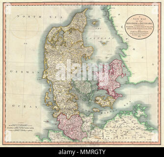 . Anglais : Un très joli exemple de John Cary's 1801 Carte du Danemark. Couvre l'ensemble du Jutland et les îles de Zélande, Fyen, Laaland. La plupart comprend également du Duché de Holstein et parties de Basse-Saxe et Schleswig-Holstein. Détail prodigieux propose et codage par couleur selon la région. Dans l'ensemble, l'un des plus intéressants et attrayants les cartes de l'atlas au Danemark d'apparaître dans les premières années du 19e siècle. Préparé en 1801 par John Cary pour émettre dans son magnifique 1808 Nouveau Atlas universel . Une nouvelle carte du Royaume de Danemark, de la compréhension et du Nord au Sud Jutland, Zeeland, Fyen, Laaland, Banque D'Images