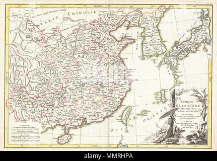 . Anglais : un bel exemple de Rigobert Bonne's c. 1770 Carte de décoration de Chine, Corée (Corée), le Japon et Formose (Taiwan). S'étend du Tibet et de la Chine à l'est de Tartarie vers le Japon et vers le sud jusqu'à Hainan. La Chine est divisée en diverses provinces avec les grandes villes, des lacs, et riverways notes. Nom de Macao, Canton, Nankin (Nanjing), Jedo (Tokyo), Pékin (Beijing) et d'innombrables autres villes. Le quadrant inférieur droit est orné d'un cartouche de titre montrant un moine érudit chinois ou vous détendre avec un oiseau dans une forêt sous un parasol. Dessiné par R. Bonne c. 1770 pour cause comme la planche no En 35 Banque D'Images