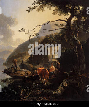 Bateliers amarrés sur la rive d'un lac italien.. vers 1665. Bateliers Amarrés sur un bord du Lac 1668 Adam Pynacker Banque D'Images