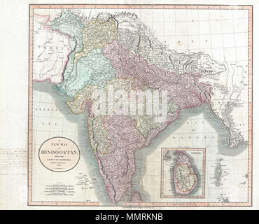 . Anglais : Un très bel exemple de John Cary est important 1806 Carte de l'Inde. Couvre l'Inde dans des détails extraordinaires de Kaboul et du Cachemire au sud de Ceylan ou le Sri Lanka. S'étend à l'est jusqu'à la Birmanie et à l'ouest, en Perse. En fonction de la fin du 18e siècle Rennell map, cette carte offre des détails extraordinaires à travers, en notant les sites de nombreux villages et villes, ainsi que d'importants cours d'eau, les sites religieux et les routes commerciales . Un encart dans le quadrant inférieur droit de détails l'île de Ceylan ou le Sri Lanka. Cette carte dispose d'une note manuscrite dans la marge de gauche qui lit : examiné ce Banque D'Images