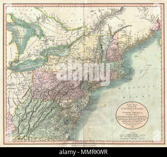 . Anglais : Publié par John Cary en 1806, c'est l'une des plus intéressantes de cartes de l'atlas le nord-est des États-Unis à apparaître au début du 19e siècle. Couvre le sud du lac Huron jusqu'en Virginie et en Caroline du nord et vers l'Est jusqu'à l'océan Atlantique. Comprend les états du Maine, New Hampshire, New York, Vermont, Massachusetts, Connecticut, Rhode Island, Connecticut, New Jersey, Maryland, Delaware, Virginie, Virginie de l'Ouest et de l'Ohio ainsi que certaines parties de l'Ontario et du Québec. La partie la plus intéressante de cette carte est le nord-ouest qui est dédié t Banque D'Images