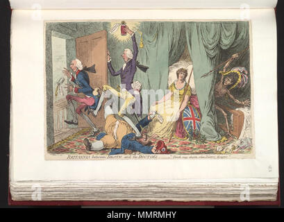 . La satire de la peur de l'invasion française, 1794-1805. (La caricature politique) ; représente le changement de gouvernement de Addington à Pitt. Fox, avec sympathie républicaine symbolisée par la liberty cap, est exclu de l'état. La restauration de la santé de Britannia est due à l'adhésion à la roi et la Constitution. Menaces Napoléon Britannia, symbolisant la menace d'invasion. Entre la mort et la Britannia du médecin. 20 mai 1804. Les bibliothèques Bodleian, Britannia entre la mort et le médecin Banque D'Images