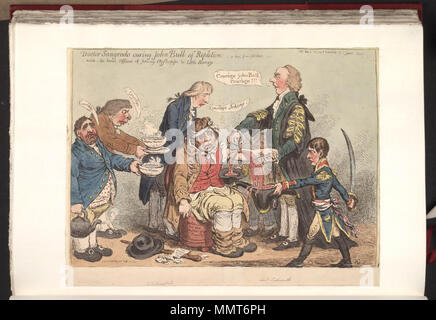 . Satire sur les guerres napoléoniennes. (La caricature politique) Médecin Sangrado guérir la réplétion de John Bull -- avec le genre de jeunes bureaux d'Clysterpipe & little Boney. 2 mai 1803. Les bibliothèques Bodleian, Médecin Sangrado guérir la réplétion de John Bull avec le genre de jeunes bureaux peu Clysterpipe Boney Banque D'Images