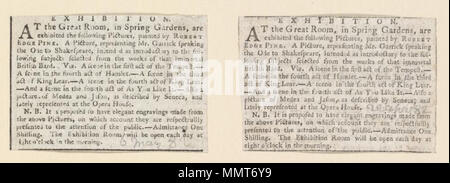 . Newscutting concernant une exposition de photos portant sur les pièces de Shakespeare ; Photo, représentant M. Garrick parlant l'ode à Shakespeare, destiné comme introduction aux sujets suivants choisis parmi les oeuvres de que la barde immortel ; Scène de la tempête, scène d'Hamlet ; scène dans le troisième acte du Roi Lear ; scène dans le quatrième acte d'comme vous l'aimez ; photo de Médée et Jason, comme inscrit par Sénèque ; Exposition Exposition. 22 avril 1782. Les bibliothèques Bodleian, Exposition Banque D'Images