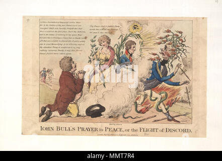 . Satire sur les guerres napoléoniennes. (La caricature politique) ; John Bull s'agenouille, offrir une prière pour la paix. A côté d'elle, au centre de la composition, l'œil de la Providence brille sur le buste de Napoléon, nimbées de branches de laurier. Une lumière qui brille depuis Napoléon repousse le démon de la Discorde, en la personne de Pitt, caricaturé comme une méduse-comme la figure. Ses cheveux sont des serpents, et qu'il court il gouttes dagues et étapes sur une lance brisée. ; numérotés dans pencil : 53. Bee stamp Iohn prière de Bull à la paix, ou : le vol de la discorde. [1801]. Les bibliothèques Bodleian, Iohn prière de Bull à la paix, ou- th Banque D'Images