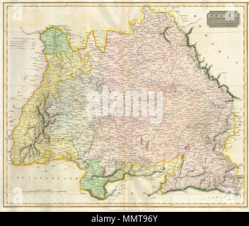 . English : main cette carte en couleur est une plaque en acier, gravure datant de 1814 par le cartographe anglais important John Thomson. Il dépeint la Bavière et le Sud de l'Allemagne en détail prodigieux. Thomson cartes sont connues pour leurs couleurs époustouflantes, des admirables taille, et de magnifiques détails. Les travaux de Thomson, y compris ce site, représente une des plus belles de l'art cartographique du 19e siècle. La Bavière, Allemagne. L'année 1814. Thomson 1814 Carte de la Bavière, Allemagne - Bavière - Geographicus-t-1814 Banque D'Images