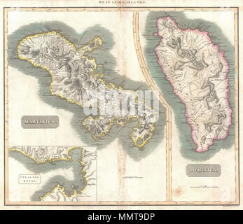 . Anglais : un bel exemple de la superbe de John Thomson c. Carte de 1814 de l'ouest de l'Inde îles de la Dominique et de la Martinique. Divisé en deux sections de cette carte offre des détails de ces deux îles pittoresques. Les deux sections détail de l'offre t'immeubles particuliers notant des églises, des couvents, des villages, des hôpitaux et des forts. Note également certains dangers et à des portages. Les deux montrent également des montagnes, des rivières, des grottes, des forêts et des systèmes fluviaux. Dans le quadrant inférieur gauche il y a un encart de la Cul de Sac Royal (jour moderne Fort-de-France. Gravée par Kirkwood et fils d'Édimbourg pour t Banque D'Images