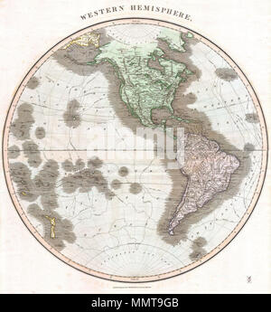 . Anglais : Cette fascinante coloriés à la main carte 1815 par John Thomson illustre cartographe Édimbourg en Amérique du Nord et d'Amérique du Sud ou de l'hémisphère occidental. Carte couvre de l'Arctique à l'Antarctique et de la Nouvelle-Zélande aux îles du Cap Vert. Décrit les différentes voies d'explorateurs important : Cook, Gores, de Vancouver et de Pérouse. La côte nord-ouest de l'Amérique n'est que vaguement mappé. En date du 1815. L'une des plus belles maps de l'hémisphère occidental pour apparaître dans le 19e siècle. Hémisphère Ouest.. L'année 1814. Thomson 1814 Carte de l'hémisphère occidental ( ^ Amérique du Nord Amérique du Sud ) - Geograp Banque D'Images
