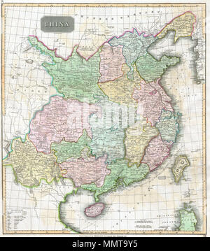 . Anglais : Cette fascinante colorié à la main une carte de 1814 par John Thomson cartographe Édimbourg représente la Chine. Montre la Grande Muraille de Chine comme la limite nord. S'étend aussi loin à l'ouest que le plateau tibétain et aussi loin au sud que l'ancien royaume chinois/vietnamien du Tonkin ou Tungouin (comme étiqueté). Comprend les routes maritimes importantes au début de l'Inde à Beijing et curieux des notes sur les populations nomades au nord de la Chine (le Ortoos Eluts et l'de Koko ni). La Chine. 1815. Thomson 1815 Carte de Chine et de Formose (Taiwan) - Chine - Geographicus-t-15 Banque D'Images