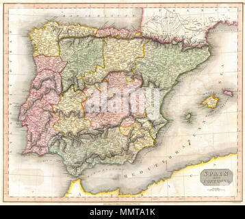 . Anglais : Cette fascinante coloriés à la main carte 1815 par John Thomson illustre cartographe Édimbourg sud de l'Espagne et le Portugal ou la péninsule ibérique. Des codes de couleur selon la région. C'est la plus belle représentation du 19e siècle de l'Espagne et le Portugal nous avons vu. L'Espagne et le Portugal.. 1815. Thomson 1815 Carte de l'Espagne et le Portugal - Espagne - Geographicus-t-15 Banque D'Images