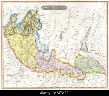 . Anglais : Cette fascinante coloriés à la main carte 1815 par John Thomson illustre cartographe Édimbourg le Milanais Membres de l'Italie du nord. Il s'agit notamment de Milan, Alto Po et Mantoue. Délimité au sud par Parme et à l'ouest par le Piémont. Milanese Membres. 1815. Thomson 1815 Carte des membres ( Milanese Milan, Mantoue, Alto po ), ITALIE - Geographicus - MilaneseStates-t-1815 Banque D'Images