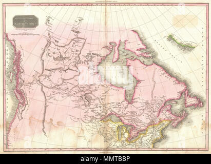 . Anglais : Pinkerton 1818 extraordinaire plan de les possessions britanniques en Amérique du Nord. Basé sur l'Arrowsmith carte de l'Amérique historique, cette carte couvre le continent au nord du 40e degré de latitude, y compris l'ensemble du territoire actuellement par le Canada. Ce fascinant site suivant à peu près 100 ans d'exploration vigoureuse de cette région par des aventuriers à la recherche d'un fleuve navigable et le lac à vélo à partir des Grands Lacs au Pacifique. Et pourtant, même après tout de cette exploration, la majeure partie du territoire reste vague et incertain. Détails de nombreux cours d'eau et lacs, certains Banque D'Images