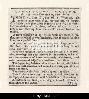 . Newscutting Rackstrow concernant's Museum annonçant un curieux figure d'une femme ; une femme curieuse ; large collection de curiosités dans les spiritueux magnifiquement conservée ; préparation d'un garçon, 14 ans, dit une femme de moulage disséqué pour les muscles ; surprenant squelette d'une baleine ; rhinocéros armés ; [Newscutting Rackstrow concernant's Museum annonçant une curieuse figure d'une femme Newscutting ] [relatives à Rackstrow's Museum annonçant une curieuse figure d'une femme ]. 1733. Musée du Rackstrow ([Paris], en Angleterre) [Auteur] Bibliothèques Bodleian, Newscutting Rackstro concernant Banque D'Images