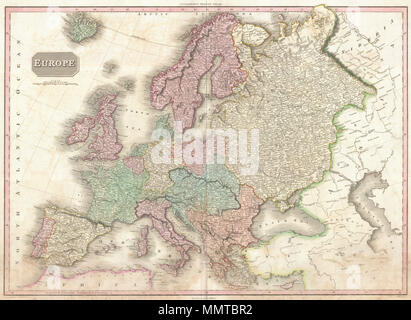 . Anglais : extraordinaire de Pinkerton 1818 Carte de l'Europe. Couvre l'Europe au début du 19ème siècle. Offre très détaillée avec les divisions politiques et code couleur au niveau régional. Identifie les villes, villages, châteaux, marais, montagnes et d'eau. Plaque de titre dans le quadrant supérieur gauche. Une échelle de la mille miles statut apparaît également dans le quadrant supérieur gauche. Dessiné par L. Herbert et gravé par Samuel Neele sous la direction de John Pinkerton. Cette carte vient de la rareté de l'édition américaine de Pinkerton's Atlas moderne, publié par Thomas Dobson & Co. de Philadelp Banque D'Images