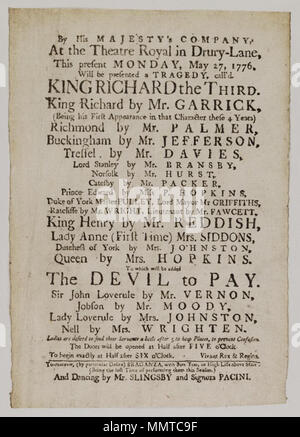 . Playbill (télécopieur) du théâtre de Drury Lane, le lundi 27 mai 1776, annonçant le roi Richard la troisième &c. ; par télécopieur. Voir George f Gilder, la collecte de souvenirs de théâtre, (1988), p. 17 ; le roi Richard la troisième ; Devil de payer ; Bragance ; bon ton, ou élevé au-dessus de la vie, danser l'escalier par M. Slingsby et Signora Pacini ; [Playbill (télécopieur) du théâtre de Drury Lane, le lundi 27 mai 1776, annonçant le roi Richard la troisième &c.] [Playbill (télécopieur) du théâtre de Drury Lane, le lundi 27 mai 1776, annonçant le roi Richard la troisième &c.]. 27 mai 1776. Drury Lane Theatre [author] Bibliothèques Bodleian, Playbill (fac Banque D'Images