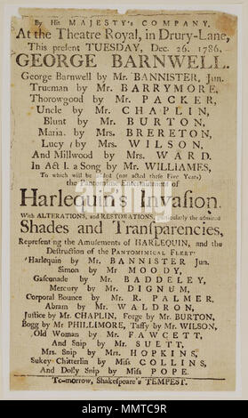 . Playbill (télécopieur) du théâtre de Drury Lane, le mardi, 26 déc. 1786, l'annonce de George Barnwell &c. ; par télécopieur. Voir George f Gilder, la collecte de souvenirs de théâtre, (1988), p. 17 ; George Barnwell ; l'arlequin ; invasion ; Tempest [Playbill (télécopieur) du théâtre de Drury Lane, le mardi, 26 déc. 1786, l'annonce de George Barnwell &c.] [Playbill (télécopieur) du théâtre de Drury Lane, le mardi, 26 déc. 1786, l'annonce de George Barnwell &c.]. 26 décembre 1786. Drury Lane Theatre [author] Bibliothèques Bodleian, Playbill (télécopieur) du théâtre de Drury Lane, le mardi, 26 déc. 1786, l'annonce de George Barnwell &amp;c. Banque D'Images