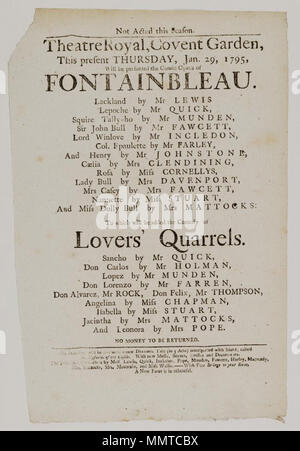 . Playbill de Covent Garden, Le Jeudi, Janvier 29, 1795, l'annonce de Fontainbleau &c. ; Fontainebleau ; querelles d'amoureux ; mystères du château ; deux cordes à votre arc ; [Playbill de Covent Garden, Le Jeudi, Janvier 29, 1795, l'annonce de Fontainbleau &c.] [Programme de Covent Garden, Le Jeudi, Janvier 29, 1795, l'annonce de Fontainbleau &c.]. 29 janvier 1795. Covent Garden Theatre [author] Bibliothèques Bodleian, Playbill de Covent Garden, Le Jeudi, Janvier 29, 1795, l'annonce de Fontainbleau &amp;c. Banque D'Images