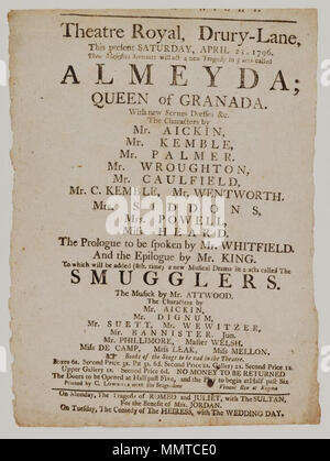 . Affiche de théâtre de Drury Lane, Samedi, Avril 23, 1796, l'annonce de Almeyda, Reine de Grenade, &c. ; haut de bill rognées, première ligne manquante ; Almeyda, Reine de Grenade, les contrebandiers ; Roméo et Juliette ; Sultan ; héritière ; mariage ; [Playbill de Drury Lane Theatre, Samedi, Avril 23, 1796, l'annonce de Almeyda, Reine de Grenade &c.] [Programme de théâtre de Drury Lane, Samedi, Avril 23, 1796, l'annonce de Almeyda, Reine de Grenade &c.]. 23 avril 1796. Drury Lane Theatre [author] Bibliothèques Bodleian, Playbill de Drury Lane Theatre, Samedi, Avril 23, 1796, l'annonce de Almeyda, Reine de Grenade &amp;c. Banque D'Images