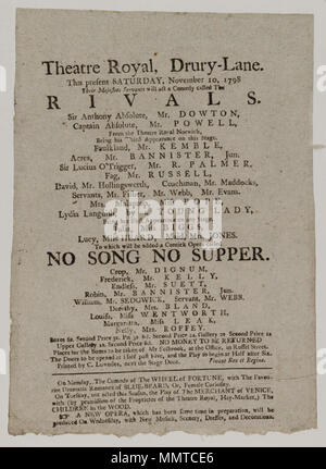 . Affiche de théâtre de Drury Lane, samedi 10 novembre 1798, annonçant les rivaux &c. ; rivaux ; aucune chanson pas de souper ; la roue de la fortune ; Barbe-bleue ; ou une femme par curiosité ; Marchand de Venise ; les enfants dans les bois ; New opera ; [Playbill de Drury Lane Theatre, samedi 10 novembre 1798, annonçant les rivaux &c.] [Programme de théâtre de Drury Lane, samedi 10 novembre 1798, annonçant les rivaux &c.]. 10 novembre 1798. Drury Lane Theatre [author] Bibliothèques Bodleian, Playbill de Drury Lane Theatre, samedi 10 novembre 1798, annonçant les rivaux &amp;c. Banque D'Images