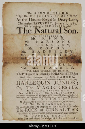 . Affiche de théâtre de Drury Lane, Samedi, Janvier 1, 1785, annonçant le fils naturel &c., fils naturel ; junior ; Arlequin ou la magie, ceste ; Repulse des Espagnols avant le rocher de Gibraltar ; Double dealer ; Masque de Arthur et Emmeline ; [Playbill de Drury Lane Theatre, Samedi, Janvier 1, 1785, annonçant le fils naturel &c.] [Programme de théâtre de Drury Lane, Samedi, Janvier 1, 1785, annonçant le fils naturel &c.]. 1er janvier 1785. Drury Lane Theatre [author] Bibliothèques Bodleian, Playbill de Drury Lane Theatre, Samedi, Janvier 1, 1785, annonçant le fils naturel &amp;c. Banque D'Images