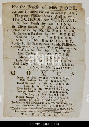 . Affiche de théâtre de Drury Lane, le mercredi 2 avril 1788, annonçant l'école pour scandal &c. au profit de Mlle Pape ; dommages aux bords ; pour l'école ; scandale Comus ; echo sucré ; Régent ; [Playbill de Drury Lane Theatre, le mercredi 2 avril 1788, annonçant l'école pour scandal &c.] [Programme de théâtre de Drury Lane, le mercredi 2 avril 1788, annonçant l'école pour &c. scandale]. 2 avril 1788. Drury Lane Theatre [author] Bibliothèques Bodleian, Playbill de Drury Lane Theatre, le mercredi 2 avril 1788, annonçant l'école pour scandal &amp;c. Banque D'Images