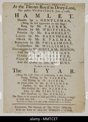 . Affiche de théâtre de Drury Lane, le mercredi 4 juin 1788, annonçant Hamlet &c. ; Hamlet ; Mr Lyar ; West Indian ; une étape tout le monde ; [Playbill de Drury Lane Theatre, le mercredi 4 juin 1788, annonçant Hamlet &c.] [Programme de théâtre de Drury Lane, le mercredi 4 juin 1788, annonçant Hamlet &c.]. 4 juin 1788. Drury Lane Theatre [author] Bibliothèques Bodleian, Playbill de Drury Lane Theatre, le mercredi 4 juin 1788, annonçant Hamlet &amp;c. Banque D'Images