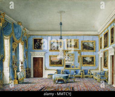 . Anglais : une vue de la chambre en velours bleu à Buckingham House, reconstruite plus tard que Buckingham Palace La gravure aquatinte de cette photo a été publié dans l'assiette de 52 W. Pyne (1819), l'histoire du Royal Residences Buckingham House : The Blue Velvet Room. 1817. Buckingham House, Blue Velvet Room, par Charles Wild, 1817 - Royal coll 922144 257074 0 ORI Banque D'Images