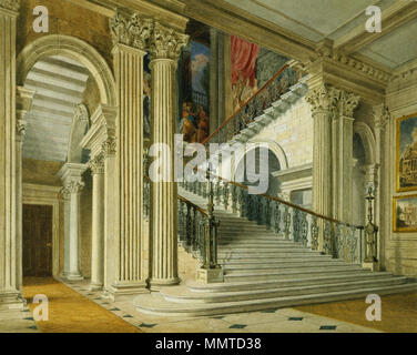 . Anglais : une vue de l'escalier de Buckingham House (aujourd'hui le palais de Buckingham) de l'entrée. La gravure aquatinte de cette photo a été publié dans l'assiette de 47 W. Pyne (1819) l'histoire du Royal Residences Buckingham House : l'escalier du hall d'entrée. 1817. Buckingham House, escalier du hall d'entrée, par Richard Cattermole, 1817 - Royal coll 922139257063 1 ORI Banque D'Images