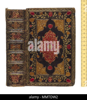 . Flamboyance de restauration. Anglais, fin du 17e siècle. Blueblack chèvre d'or richement estampé en rouge et citron onlays. Panneau avec citron et cornerpieces avec cœur rouge ovale citron au centre, entourée de fleurs et de feuilles à l'intérieur du rouleau de la frontière. Tous les bords avec foreedge stlif la peinture de fleurs entourant le texte, 'chercher les Écritures, 1692'. La Sainte Bible. 1682. Les bibliothèques Bodleian, La Sainte Bible Banque D'Images