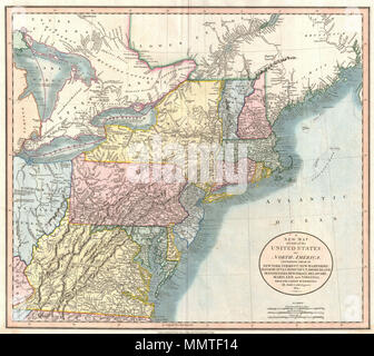 . Anglais : Publié par John Cary en 1821, c'est l'une des plus intéressantes cartes de l'atlas des régions du nord-est des États-Unis à apparaître au début du 19e siècle. Centré sur New York et Washington, Cary's carte couvre le sud du lac Huron jusqu'en Virginie et en Caroline du nord et vers l'Est jusqu'à l'océan Atlantique. Cette carte comprend les états du Maine, New Hampshire, New York, Vermont, Massachusetts, Connecticut, Rhode Island, Connecticut, New Jersey, Maryland, Delaware, Virginie, Virginie de l'Ouest et de l'Ohio ainsi que certaines parties de l'Ontario et du Québec. Plus l'intere Banque D'Images