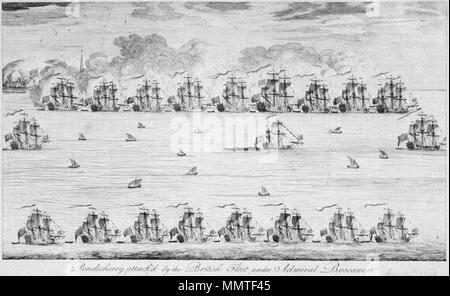 . English : Gravure représentant le bombardement de Pondichéry en 1748, à la fin de la Guerre de Succession d'Autriche. . 1756. Artiste inconnu Bombardement de Pondichery en 1748 par la flotte anglaise Banque D'Images