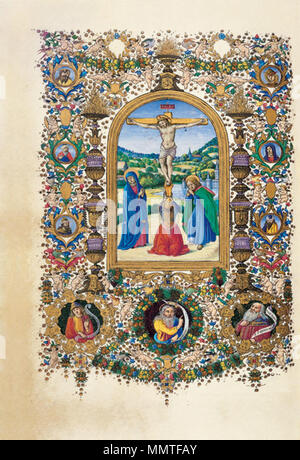 Deutsch : Stundenbuch des Lorenzo de Medici : I. Anglais Livre de Prière de Lorenzo de' Medici English : Livre d'heures de Laurent le Magnifique, scène de l'Annonciation . 1485. Livre d'heures de Lorenzo de' Medici - crucifixion Banque D'Images